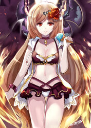  bare_arms bikini black_bikini black_choker black_wings blush breasts brown_hair chinese_commentary choker cleavage closed_mouth collarbone commentary_request curled_horns dark_angel_olivia drawstring feathered_wings female flower food granblue_fantasy hair_flower hair_ornament highres holding holding_food horns ice_cream ice_cream_cone jacket long_hair lunacats navel olivia_(summer)_(granblue_fantasy) open_clothes open_jacket parted_bangs photoshop_(medium) red_eyes red_flower shingeki_no_bahamut showgirl_skirt signature sleeveless sleeveless_jacket small_breasts smile solo swimsuit thigh_gap very_long_hair white_jacket wings 