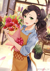  :d apron artist_name black_hair blue_shirt bouquet chikabo_m commentary_request day female florist flower green_eyes hair_ornament hairclip holding holding_bouquet indoors looking_at_viewer open_mouth original plant potted_plant shirt smile solo standing 