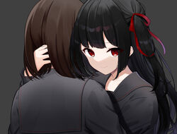  2girls arm_around_neck black_hair black_sailor_collar black_serafuku brown_hair collarbone commentary_request from_behind hair_ribbon highres hug kosumo_0416 long_hair long_sleeves looking_at_viewer medium_hair multiple_girls one_side_up original red_eyes red_ribbon ribbon sailor_collar school_uniform serafuku smile upper_body yuri 