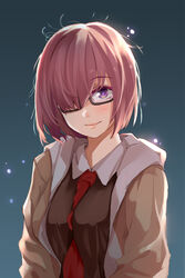  amco bad_id bad_pixiv_id black_shirt blue_background blush breasts brown_jacket commentary fate/grand_order fate_(series) female glasses hair_over_one_eye highres jacket large_breasts looking_at_viewer mash_kyrielight messy_hair necktie pink_hair purple_eyes purple_hair red_necktie shirt short_hair simple_background smile solo 