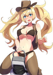  alternate_costume bikini bikini_top_only blonde_hair blue_eyes blush breasts brown_vest chaps comala_(komma_la) commentary_request cowboy_hat cowboy_western female gambier_bay_(kancolle) hair_between_eyes hairband hat highres kantai_collection large_breasts long_hair open_mouth riding_machine simple_background sitting solo sweat swimsuit twintails vest white_background 