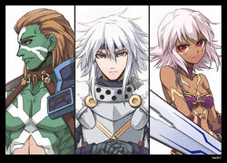  .hack// .hack//games 2boys armor balmung_(.hack//) bare_shoulders bikini_armor black_rose_(.hack//) breasts cleavage closed_mouth dark-skinned_female dark_skin ear_piercing facial_mark female gloves headband looking_at_viewer multiple_boys orca_(.hack//) piercing red_eyes short_hair sindre smile sword tattoo war_paint weapon white_hair 