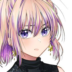  blonde_hair bukiyou_na_senpai close-up commentary_request earrings eyebrows_hidden_by_hair female highres jewelry kannawa_azusa kudou_makoto looking_at_viewer official_art portrait purple_eyes solo star_(symbol) star_earrings white_background 