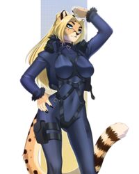  2023 5_fingers amur anthro black_bodysuit black_clothing black_collar black_jacket black_skinsuit black_spots black_topwear blonde_hair blue_eyes bodysuit breasts cheetah clothed clothing collar felid feline female fingers fur fur_trim_(clothing) hair hand_on_hip hi_res jacket leg_pouch lena_fluffy_(character) mammal markings medium_breasts open_clothing open_jacket open_topwear simple_background skinsuit solo spots spotted_body spotted_fur standing straps_across_chest tight_clothing topwear yellow_body yellow_fur 