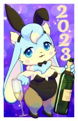  2023 4_fingers absurd_res alcohol anthro belly beverage biped blue_body blue_fur blue_paws blush bottle bow_(feature) bow_in_front bow_tie breasts bunny_costume champagne champagne_bottle champagne_glass cheek_tuft chibi cleavage clothed clothing container costume cup curvy_figure dewlap_(anatomy) digital_media_(artwork) drinking_glass eyelashes facial_tuft fake_ears fake_rabbit_ears female female_anthro fingers floppy_ears fupa fur glass glass_container glass_cup hi_res holding_bottle holding_container holding_object ironic_fake_ears kemono lagomorph legwear leporid long_ears looking_at_viewer lop_ears mammal multicolored_body multicolored_fur navel_outline new_year_2023 open_mouth open_smile overweight overweight_female pyritie rabbit semi-anthro short short_stack simple_background size_difference slightly_chubby slightly_chubby_female smile sofu_(pyritie) solo standing swirl tan_body tan_fur text thick_thighs tights tuft two_tone_body two_tone_fur wide_hips 