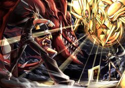  2boys :d battle belt black_hair blonde_hair card chains clenched_hand commentary_request dark-skinned_male dark_magician_girl dark_skin duel_(yu-gi-oh!) duel_disk duel_monster female floating_cape from_below highres legs_apart light_rays long_hair looking_at_another millennium_puzzle millennium_ring multicolored_hair multiple_boys open_mouth osiris_the_sky_dragon pants red_hair shirt shoes smile smoke spiked_hair spread_fingers standing teeth the_winged_dragon_of_ra tile_floor tiles upper_teeth_only voke yami_marik yami_yugi yu-gi-oh! yu-gi-oh!_duel_monsters 