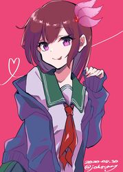  blue_jacket brown_hair commentary_request crescent crescent_pin dated female green_sailor_collar highres jacket johssnny kantai_collection kisaragi_(kancolle) kisaragi_kai_ni_(kancolle) long_hair neckerchief one-hour_drawing_challenge purple_eyes red_background red_neckerchief sailor_collar school_uniform serafuku solo tongue tongue_out twitter_username upper_body 