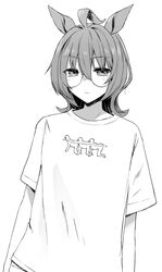  absurdres agnes_tachyon_(umamusume) ahoge animal_ears arms_at_sides bespectacled closed_mouth crew_neck female glasses greyscale hair_between_eyes highres horse_ears horse_girl looking_at_viewer medium_hair monochrome semi-rimless_eyewear shirt shirt_tucked_in solo t-shirt the_human_centipede tonari_no_kishida umamusume upper_body 