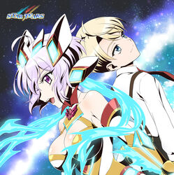  1boy ahoge axia-chan bare_shoulders blonde_hair bodysuit breasts brown_eyes cleavage closed_eyes female galaxy green_eyes grey_hair headgear large_breasts leopold_(symphogear) long_hair long_sleeves milky_way nebula open_mouth senki_zesshou_symphogear senki_zesshou_symphogear_xd_unlimited shirt short_hair space star_(sky) suspenders teeth twintails upper_teeth_only white_shirt yukine_chris 