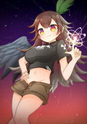  absurdres alternate_costume atom bird_wings black_shirt black_wings blush bow breasts brown_eyes brown_hair brown_shorts closed_mouth collared_shirt crop_top feathered_wings feet_out_of_frame female green_bow groin hairbow hand_on_own_hip highres large_breasts long_hair looking_at_viewer midriff navel radiation_symbol reiuji_utsuho shiki_karin shirt short_shorts short_sleeves shorts single_wing smile solo touhou wings 