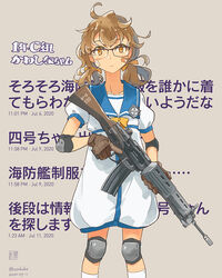  ahoge artist_logo assault_rifle bandaid bandaid_on_face blue_sailor_collar bow brown_eyes brown_gloves brown_hair commentary_request cosplay cowboy_shot dated dress elbow_pads female glasses gloves grey_background gun howa_type_89 kaiboukan_no._4_(kancolle) kaiboukan_no._4_(kancolle)_(cosplay) kantai_collection knee_pads kusakabe_(kusakabeworks) long_hair looking_at_viewer low_twintails original rifle sailor_collar sailor_dress socks solo text_background twintails twitter_username weapon white_dress white_socks yellow_bow 