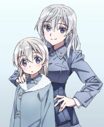  2girls absurdres aged_down aurora_e._juutilainen belt blonde_hair blue_eyes blue_jacket breasts coat eila_ilmatar_juutilainen fur_trim grey_hair hand_on_another&#039;s_shoulder hand_on_own_hip highres jacket kogarashi51 military_coat multiple_girls siblings sisters smile strike_witches strike_witches:_aurora_no_majo uniform upper_body utility_belt winter_clothes winter_coat world_witches_series 