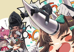  1other 3girls ambiguous_gender animal_ear_fluff animal_ears arknights black_headwear black_jacket blush_stickers brown_hair bubble_(arknights) closed_eyes commentary_request doctor_(arknights) dreaming eyepatch fox_ears fox_girl giant giantess gloves hat holding holding_stuffed_toy hood hood_up hooded_jacket horns jacket long_sleeves mitake_eil morte_(arknights) multiple_girls nose_bubble open_mouth popukar_(arknights) purple_eyes purple_hair rhinoceros_ears rhinoceros_girl shamare_(arknights) short_hair single_horn sleeping smile stuffed_toy stuffed_wolf thought_bubble white_gloves 