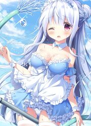  alternate_costume apron azur_lane bare_shoulders between_legs blue_dress blue_sky braid breasts cleavage cloud cloudy_sky cygnet_(an_offer_to_be_maid)_(azur_lane) cygnet_(azur_lane) d; day double_bun dress enmaided female frilled_apron frilled_dress frills garter_straps grey_hair hair_between_eyes hair_bun highres hose long_hair looking_at_viewer maid maid_apron maid_headdress medium_breasts official_alternate_costume one_eye_closed open_mouth outdoors panties protected_link red_eyes satsuki_yukimi sky solo strapless strapless_dress striped_clothes striped_panties thighhighs underwear very_long_hair wet white_apron white_hair white_thighhighs wrist_cuffs 