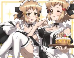  2girls blonde_hair blush breasts brown_eyes cake cleavage commentary_request dual_persona food hair_ornament hair_ribbon highres large_breasts looking_at_viewer maid maid_headdress multiple_girls oerba_yun_fang one_eye_closed open_mouth ribbon scar scar_on_chest senki_zesshou_symphogear senki_zesshou_symphogear_xd_unlimited shiny_skin short_hair smile sweat tachibana_hibiki_(symphogear) tachibana_hibiki_(symphogear)_(another) thighhighs white_legwear yukitsuba_hina 