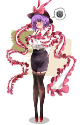  black_hat black_skirt bow brown_thighhighs female fish frilled_shirt frills garter_straps hat hat_bow hat_ribbon high_heels highres nagae_iku oarfish pencil_skirt purple_hair red_footwear ribbon shawl shirt skirt solo thighhighs touhou usuusu white_shirt 