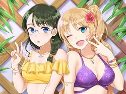  2girls aqua_eyes bikini blonde_hair blue_eyes braids breasts chikabo_m cleavage cropped glasses green_hair necklace original ponytail swimsuit waifu2x watermark wink wristwear 