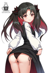  aliter artist_name ass black_dress black_hair black_panties blush closed_mouth clothes_lift collared_shirt commentary_request dress dress_lift fate/grand_order fate_(series) female hair_ornament highres ishtar_(fate) lifting_own_clothes logo long_hair long_sleeves looking_at_viewer looking_back multicolored_hair neck_ribbon panties parted_bangs partial_commentary pinafore_dress puffy_long_sleeves puffy_sleeves red_eyes red_hair red_ribbon ribbon shirt side-tie_panties simple_background sleeveless sleeveless_dress sleeves_past_wrists smile solo space_ishtar_(fate) two-tone_hair two_side_up underwear white_background white_shirt 