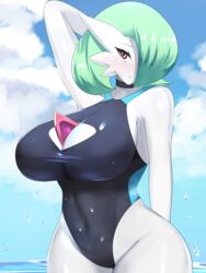  arm_up bare_arms bare_shoulders black_choker black_one-piece_swimsuit blush breasts choker competition_swimsuit covered_navel female gardevoir green_hair hair_over_one_eye highres large_breasts one-piece_swimsuit one_eye_covered outdoors pink_eyes pointy_ears pokemon pokemon_(creature) sana!rpg short_hair solo swimsuit water wet 