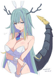  animal_ears aqua_hair artist_name bad_id bad_twitter_id bare_shoulders blonde_hair blue_eyes blue_hair blue_necktie breasts cleavage dared detached_collar dragon_girl dragon_horns dragon_tail fake_animal_ears female highres horns kichihachi la_peche_party leotard looking_at_viewer multicolored_hair necktie playboy_bunny rabbit_ears shioumi_waka simple_background solo tail virtual_youtuber white_background white_leotard 