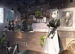  1other 2girls absurdres ambiguous_gender amiya_(arknights) animal_ears apron arknights ascot black_dress black_jacket blue_ascot blue_eyes breasts brown_hair chinese_commentary choker coffee collared_dress commentary_request counter cup doctor_(arknights) dress english_text frills green_eyes hair_between_eyes highres holding hood hooded_jacket hoodie indoors jacket kal&#039;tsit_(arknights) long_sleeves looking_at_viewer maid maid_apron maid_headdress mask multiple_girls official_alternate_costume painting_(object) plant rabbit_ears shop sleeve_cuffs spinning_wheel stuffed_animal stuffed_orca stuffed_toy white_apron white_hair yuan_long 