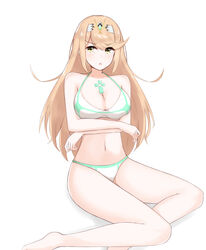  :o arms_under_breasts bad_id bad_twitter_id bikini blonde_hair breasts chest_jewel chirun0 cleavage commentary feet_out_of_frame female halterneck highres large_breasts long_hair mythra_(xenoblade) navel simple_background solo string_bikini swept_bangs swimsuit tiara very_long_hair white_background white_bikini xenoblade_chronicles_(series) xenoblade_chronicles_2 yellow_eyes 