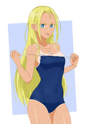  blonde_hair blue_eyes blue_one-piece_swimsuit breasts clothes_pull competition_school_swimsuit contrapposto cowboy_shot female highres jewelry kofune_ushio long_hair looking_at_viewer necklace one-piece_swimsuit one-piece_swimsuit_pull one-piece_tan school_swimsuit shell shell_necklace solo standing summertime_render swimsuit tan tanlines tongue tongue_out very_long_hair viperxtr 