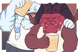  &gt;:( 2_horns 5_fingers :d alcohol anthro armpit_hair armpit_tuft bear beard beer beer_foam beer_mug beverage black_bottomwear black_clothing black_horn black_nose black_shorts blue_markings bodily_fluids body_hair bottomwear bovid bovid_horn braided_beard braided_hair braided_mustache brother_(lore) brothers_(lore) burly caprine caprine_horn closed_eyes closed_frown clothed clothing curled_horn dark_bottomwear demigod drooling drunk duo eye_markings eyebrows facial_hair fingers frown fur gradient_background grumpy hair half-closed_eyes hand_on_shoulder hi_res holding_beer holding_beer_mug holding_beverage holding_object horn horn_markings league_of_legends leaning leaning_backward long_hair male male/male mammal manly markings mature_anthro mature_male moustache multicolored_horn muscular muscular_arms narrowed_eyes no_pupils open_mouth open_smile ornn_(lol) overweight overweight_anthro overweight_male polar_bear raised_arm ram_horn red_armpit_hair red_body red_eyes red_fur red_horn red_sclera red_skin riot_games saliva sharp_horn sharp_teeth shirt shorts sibling_(lore) simple_background smile snaggle_tooth standing stocky substance_intoxication tank_top teeth tencent theguynamedviet thick_eyebrows topwear two_tone_horn unimpressed ursine volibear white_background white_clothing white_shirt white_tank_top white_topwear wrinkled_nose 