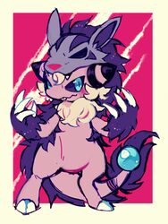  2016 2_toes 4_claws animal_skin anthro blue_eyes claws clothing costume cute_fangs extyrannomon_(artist) fangs featureless_crotch feet female flaaffy front_view fur generation_2_pokemon generation_3_pokemon hannie hide_(disambiguation) looking_at_viewer mightyena nintendo orb pink_body pokemon pokemon_(species) pokemon_costume simple_background solo standing tail tapering_tail teeth thick_tail toes white_body white_fur 