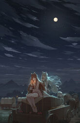  1boy 2girls absurdres animal_ears anklet apple barefoot box brown_hair cart cloud cloudy_sky commentary_request craft_lawrence dress food fruit full_moon harness highres holo horse jacket jewelry long_hair miao_shang_san_xiao moon mother_and_daughter multiple_girls myuri_(spice_and_wolf) night night_sky oerba_yun_fang on_box open_mouth outdoors pouch red_eyes shinsetsu_spice_and_wolf sitting sitting_on_box sky smile sparks spice_and_wolf tail very_long_hair wagon wheat white_hair wolf_ears wolf_girl wolf_tail 