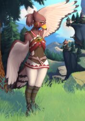  anthro avian avian_feet beak blush bottomwear breath_of_the_wild cecili_(tloz) clothing day ear_piercing ear_ring evergreen_tree exposure_variation feathers female grass hi_res light looking_at_viewer nature nature_background nintendo piercing pine_tree plant ring_piercing rito rito_village skirt sky skyscape solo spotty.cat sunlight tail tail_feathers tears_of_the_kingdom the_legend_of_zelda tree white_body winged_arms wings yellow_eyes 