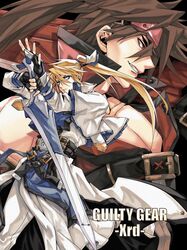  2boys absurdres belt black_background blonde_hair blue_eyes brown_eyes brown_hair copyright_name dong_hole english_text fingerless_gloves gloves guilty_gear guilty_gear_xrd hair_between_eyes headband highres holding holding_weapon huge_weapon junkyard_dog_mk_iii ky_kiske magnolia_eclair_ii male_focus multiple_belts multiple_boys pectorals ponytail short_hair sol_badguy sword weapon 