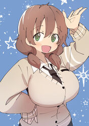  absurdres blue_background blush breasts brown_hair bural_chingu cardigan collared_shirt commentary female green_eyes hair_between_eyes ham_na-bi highres huge_breasts korean_commentary long_hair looking_at_viewer low_twintails luke_(dydansgur) necktie open_mouth school_uniform shirt short_twintails smile solo star_(symbol) twintails white_shirt 