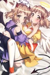  2girls angel angel_and_devil angel_wings black_thighhighs blonde_hair blush breasts brown_eyes cleavage commentary_request cosplay demon_costume demon_girl demon_horns demon_wings dual_persona fake_horns feathered_wings halo highres horns large_breasts looking_at_viewer looking_back multiple_girls selfcest senki_zesshou_symphogear senki_zesshou_symphogear_xd_unlimited shiny_skin short_hair socks tachibana_hibiki_(symphogear) tachibana_hibiki_(symphogear)_(another) thighhighs traditional_halo white_socks wings yukitsuba_hina yuri 