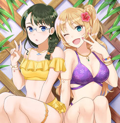  2girls ;d artist_name bangle bare_shoulders bead_bracelet beads bikini bikini_skirt blonde_hair blue_eyes bracelet braid breasts brown_hair chikabo_m cleavage commentary_request feet_out_of_frame flower frilled_bikini frills glasses hair_flower hair_ornament hairclip hand_up head_tilt hibiscus jewelry knees_up large_breasts long_hair medium_breasts multiple_girls nail_polish navel necklace off_shoulder one_eye_closed one_side_up open_mouth original pink_nails purple_bikini red_flower side_ponytail sitting skirt smile stomach swimsuit thigh_strap thighs trellis twitter_username v yellow_skirt 