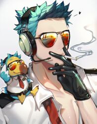  1boy animal_crossing animal_on_shoulder beard belt black_gloves chariko cigarette commentary creature_and_personification dodo_(bird) facial_hair gloves green_hair headset humanization male_focus mature_male necktie open_clothes open_shirt pilot smoke smoking solo sunglasses wilbur_(animal_crossing) 