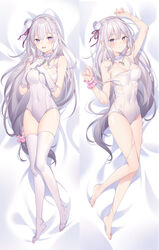  3: arm_up bad_id bad_pixiv_id bare_legs bare_shoulders barefoot bed_sheet blush braid breasts closed_eyes collarbone commentary_request covered_navel crown_braid dakimakura_(medium) emilia_(re:zero) female flower full_body gloves hair_flower hair_ornament hair_ribbon hairclip highres large_breasts long_hair looking_at_viewer lying multiple_views on_back one-piece_swimsuit open_mouth pink_scrunchie pointy_ears purple_eyes purple_ribbon re:zero_kara_hajimeru_isekai_seikatsu ribbon rie_(reverie) scrunchie swimsuit thighhighs very_long_hair water_drop wet white_flower white_gloves white_hair white_one-piece_swimsuit white_thighhighs wrist_scrunchie x_hair_ornament 