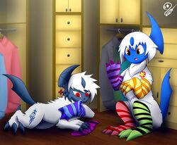  absol claws clothing duo female feral fluffy footwear fur generation_3_pokemon hi_res horn jewelry male necklace nintendo orange_eyes pokemon pokemon_(species) red_eyes scarf shiny-cobra socks styx_(nyxcha) tracker_(chargedcommando) white_body white_fur 