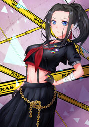  :/ badge bandaged_arm bandages bang_dream! black_choker black_gloves black_hair black_sailor_collar black_serafuku black_shirt blue_eyes blush breasts button_badge chains choker commentary cowboy_shot crop_top ear_piercing earrings female forehead gloves gold_chain groin group_name hair_ribbon half_gloves hand_on_own_hip highres jewelry large_breasts long_hair long_skirt looking_at_viewer midriff navel neckerchief parted_bangs piercing pleated_skirt ponytail purple_background red_neckerchief rettou_joutou_(vocaloid) ribbon sailor_collar school_uniform serafuku shirt short_sleeves sidelocks skirt solo standing suspender_skirt suspenders tassel tassel_earrings tennohonou wakana_rei 