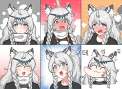  :3 @_@ ^_^ absurdres ahoge anger_vein animal_ears arknights black_shirt blue_background blush blush_stickers braid chibi closed_eyes emphasis_lines expressions expressive_hair facing_viewer fangs female floral_background full-body_blush gradient_background grey_background grey_eyes grey_hair heart highres jewelry korean_commentary long_hair looking_at_viewer manggapaegtoli multiple_views necklace open_mouth orange_background portrait pramanix_(arknights) red_background scarf shirt side_braids speech_bubble tearing_up textless_version tiara white_scarf 