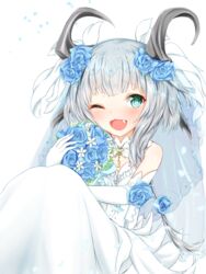  bouquet dragon_girl dragon_horns dress female flower gloves green_eyes grey_hair highres holding holding_bouquet horns key konowa_(pixiv30906526) oerba_yun_fang one_eye_closed open_mouth petals rune_factory rune_factory_4 simple_background solo syelzaweed wedding_dress white_background white_dress white_gloves 