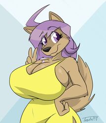  anthro big_breasts breasts canid canine canis cleavage clothed clothing dress female feonna_starglaze hair hi_res huge_breasts mammal smile solo tabykat wolf 