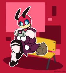  2019 4_arms antennae_(anatomy) anthro arthropod bag bench big_breasts breasts closed_smile clothed clothing container dewbber digital_drawing_(artwork) digital_media_(artwork) electronics female fingers game_boy game_boy_cartridge game_boy_console game_boy_family game_cartridge game_console game_media gaming generation_2_pokemon handheld handheld_console heart_symbol holding_console holding_game_boy holding_object huge_breasts insects ledian mouth_closed multi_arm multi_limb nintendo nintendo_console non-mammal_breasts paper_bag patsy_bennett playing_video_game pokemon pokemon_(species) pokemorph smile solo storage_media 