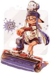  absurdres autobomb_(splatoon) backwards_hat bad_id bad_pixiv_id baseball_jersey black_shorts blunt_bangs carbon_roller_(splatoon) closed_mouth commentary dark-skinned_female dark_skin dated dolphin_shorts female foot_up harutarou_(orion_3boshi) hat highres holding holding_weapon ink_tank_(splatoon) inkling inkling_girl inkling_player_character jersey layered_sleeves logo long_hair long_sleeves looking_at_viewer paint_splatter pointy_ears print_shirt purple_hair purple_hat red_footwear sandals shirt short_over_long_sleeves short_shorts short_sleeves shorts socks solo splatoon_(series) splatoon_2 standing tentacle_hair weapon white_shirt white_socks 