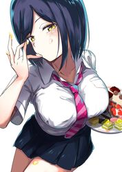  blue_hair blush breasts cake cowboy_shot female food food_on_body highres holding holding_plate large_breasts licking licking_finger looking_at_viewer mole mole_under_eye necktie nijisanji plate school_uniform shirt shizuka_rin short_hair short_sleeves simple_background solo taketatetakeya virtual_youtuber white_background white_shirt yellow_eyes 