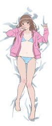  amagami barefoot bikini blunt_bangs breasts brown_eyes brown_hair dakimakura_(medium) female highres jacket kamizaki_risa long_hair looking_at_viewer navel one-piece_tan pink_jacket side-tie_bikini_bottom small_breasts solo striped_bikini striped_clothes swimsuit tan tanlines warder2013 wavy_hair 