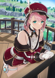  bare_shoulders blazingchaos blue_eyes blue_sky cabbie_hat charlotte_(genshin_impact) commentary_request day female genshin_impact gloves hat highres leaning_forward long_sleeves looking_at_viewer monocle outdoors pink_hair pouch railing red_hat shirt short_hair sky smile solo standing thigh_strap thighs white_gloves white_shirt 