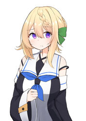  black_serafuku blonde_hair blue_sailor_collar blush braid braided_bangs braided_bun breasts closed_mouth commentary_request cosplay detached_sleeves female hair_between_eyes hair_bun hair_ribbon highres kantai_collection large_breasts long_sleeves neckerchief perth_(kancolle) purple_eyes ribbon sailor_collar sakikumo_(sakumo) school_uniform serafuku simple_background single_hair_bun solo sweat upper_body white_background yamakaze_(kancolle) yamakaze_(kancolle)_(cosplay) 