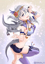  artist_name ass breasts chikabo_m commentary_request dragon dragon_tail female grey_eyes grey_hair medium_breasts oerba_yun_fang one_eye_closed original short_shorts shorts smile solo tail twitter_username 