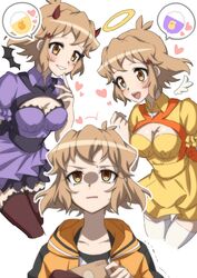  3girls angel angel_and_devil black_thighhighs blonde_hair blush breasts brown_eyes cleavage commentary_request demon_girl demon_horns halo highres horns large_breasts money multiple_girls multiple_persona open_mouth scar scar_on_chest senki_zesshou_symphogear senki_zesshou_symphogear_xd_unlimited short_hair simple_background smile tachibana_hibiki_(symphogear) tachibana_hibiki_(symphogear)_(another) thighhighs traditional_halo upper_body white_background white_thighhighs yukitsuba_hina 